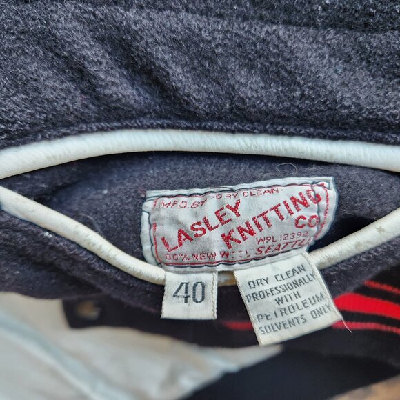 Vintage Lasley Knitting Co. Wool Leather Varsity Letterman Jacket Black White - Picture 7 of 12